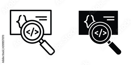 фотографія Magnifying glass over code snippet on business card with programming symbols and