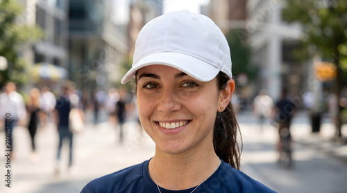 Smiling young woman in white cap outdoors in urban city setting