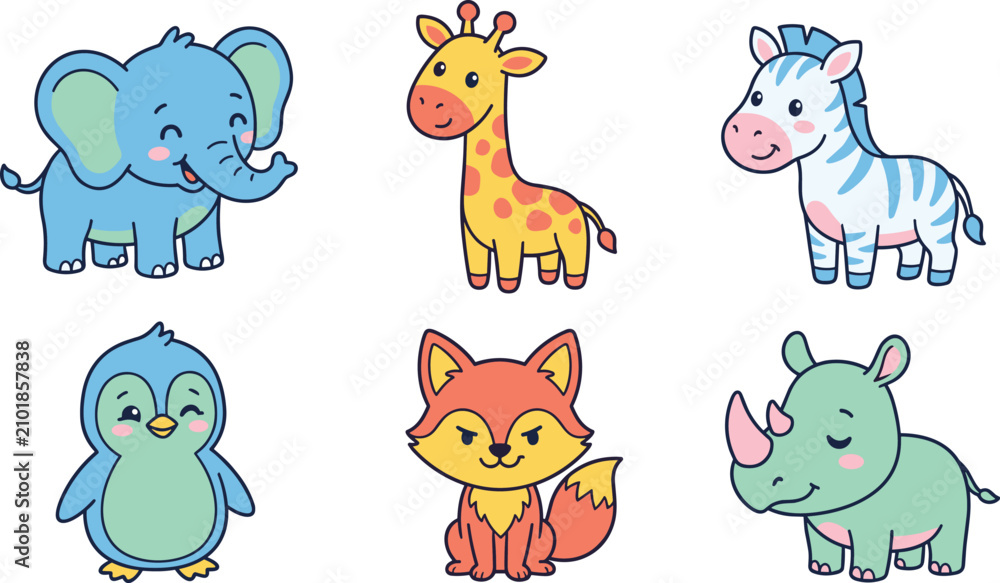 Obraz premium Thin line animal vector icons set with minimalist modern colorful zoo wildlife symbols isolated on white background