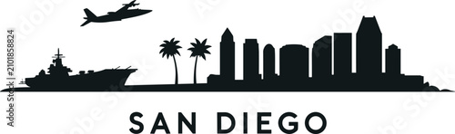 Konstfotografi San Diego skyline silhouette with aircraft carrier and airplane Keywords: San Di
