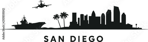 Canvastavla San Diego skyline silhouette with aircraft carrier and fighter jet on white back