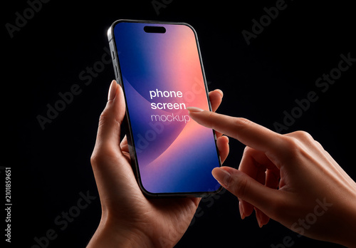 Slanted View Mockup Smartphone Female Hands Touch Screen Dark Background