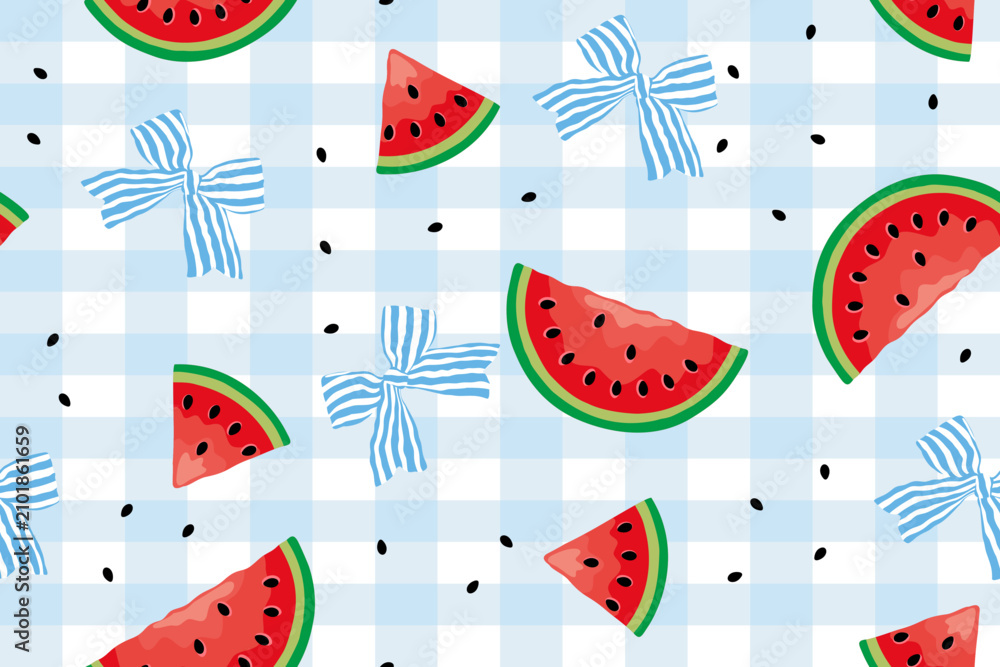 Obraz premium Cute summer watermelon seamless pattern with blue striped bows, gingham background and fresh fruit picnic design