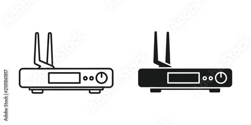 Wireless router with antennas in outline and solid black on white background for technology concepts