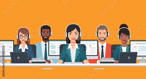 Support team members communicate with clients using headsets while sitting at their workstations in an office.
