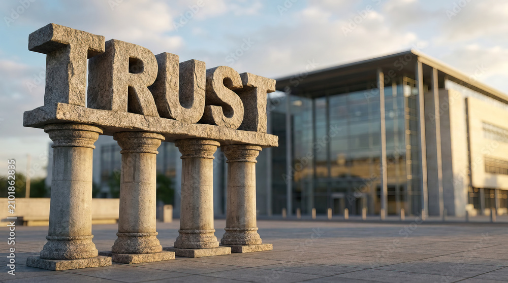 Obraz premium Stone letter trust column architecture building plaza outdoor low angle granite modern, stone letter TRUST standing classical column open plaza before modern glass building cloudy sky with