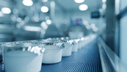 Industrial dairy production line with milk containers. Modern food processing facility for dairy products.