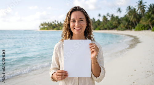Happy woman holding blank white paper on a tropical beach