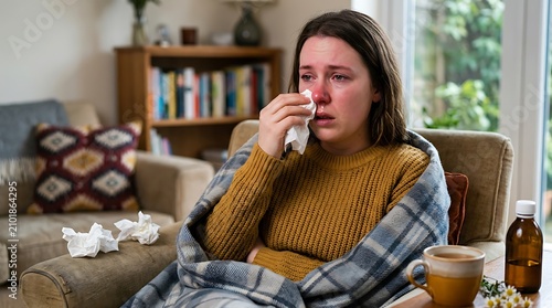 Woman Suffering From Cold Symptoms, Runny Nose And Congestion