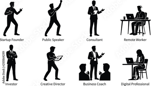 Business professions silhouette collection featuring remote workers, public speakers, startup founders, and consulting icons vector set