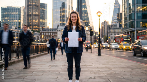 Smiling woman holding blank white paper in a modern city setting