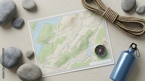 A top-down view of hiking gear including a topographical map, compass, rope, and water bottle for the ultimate pinnacle tripper adventure planning session.
