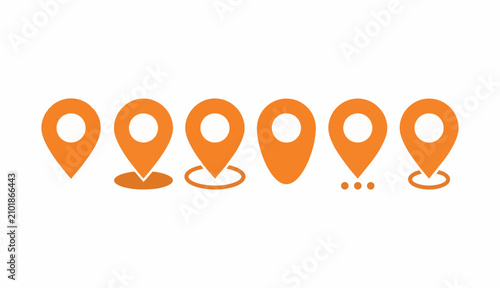 Set of six orange map pin icons in different styles, great for navigation, travel, and location apps.