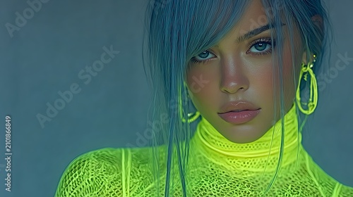 Woman in Neon Green Knitwear with Blue Hair and Statement Earrings