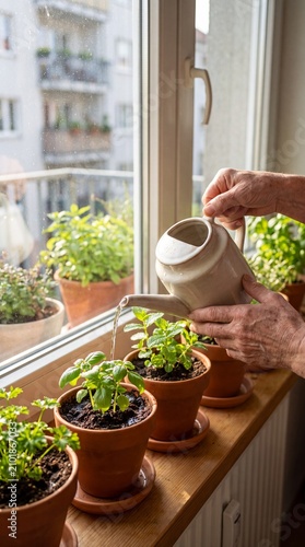 Close-Up Of Hands Watering Fresh Herb Seedlings In Clay Pots On Sunny Kitchen Windowsill, Indoor Gardening Concept