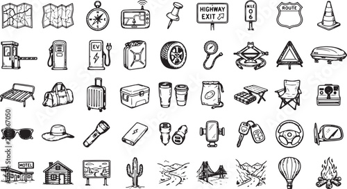 Bild auf Leinwand a collection of exactly 50 unique hand drawn road trip icons