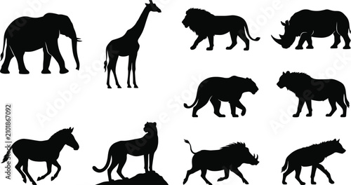 Canvas Print African Wild Animal Silhouette Vector Set Isolated on White Background