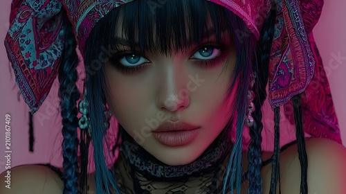 Edgy Woman with Black Braids and Bandana in Neon Pink Light