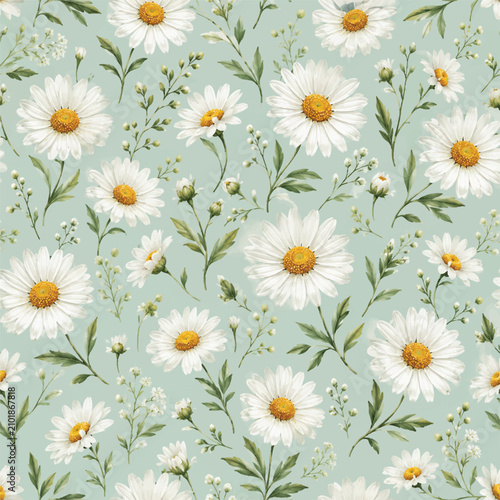 Vászonkép white daisy  flowers with leaves on white background elegant pattern trendy ethn