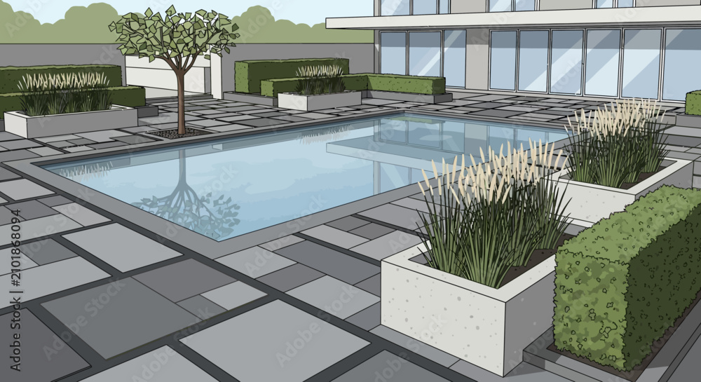 Fototapeta premium Modern Landscape Design: Pool, Paving, Greenery, and Building Facade