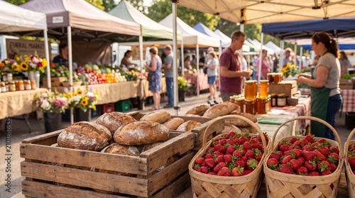 Farmers market week display features artisan bread loaves and ripe strawberries in a sunny rural harvest scene, promoting sustainable healthy local food lifestyle