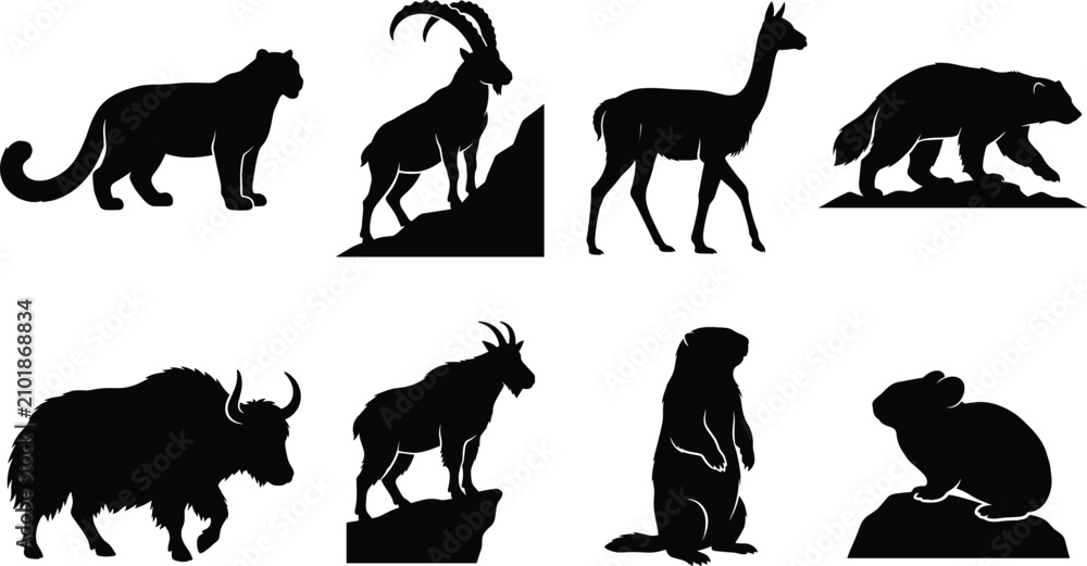 Fototapeta premium Wild Animal Silhouette Vector Set with Mammals Isolated on White Background