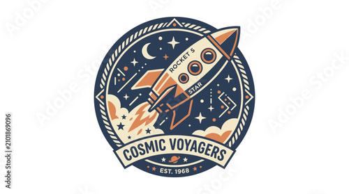 Obraz na płótnie Vintage cosmic voyager rocket ship badge design.