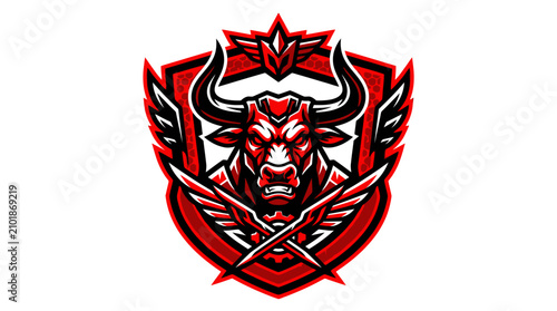 Canvas Print Aggressive Red Bull Mascot Logo Design With Shield And Crossed Spears