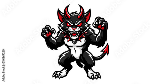 Photography Aggressive demon cat mascot illustration with red horns and sharp claws