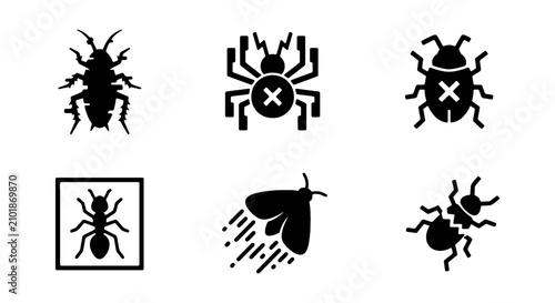 Fotografi Insect Icons Set, Pest Control Symbols, Bug Vector Graphics, Ant, Moth, Spider