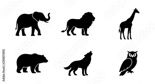 Photography Wild Animal Silhouettes: Elephant, Lion, Giraffe, Bear, Wolf, Owl Icons
