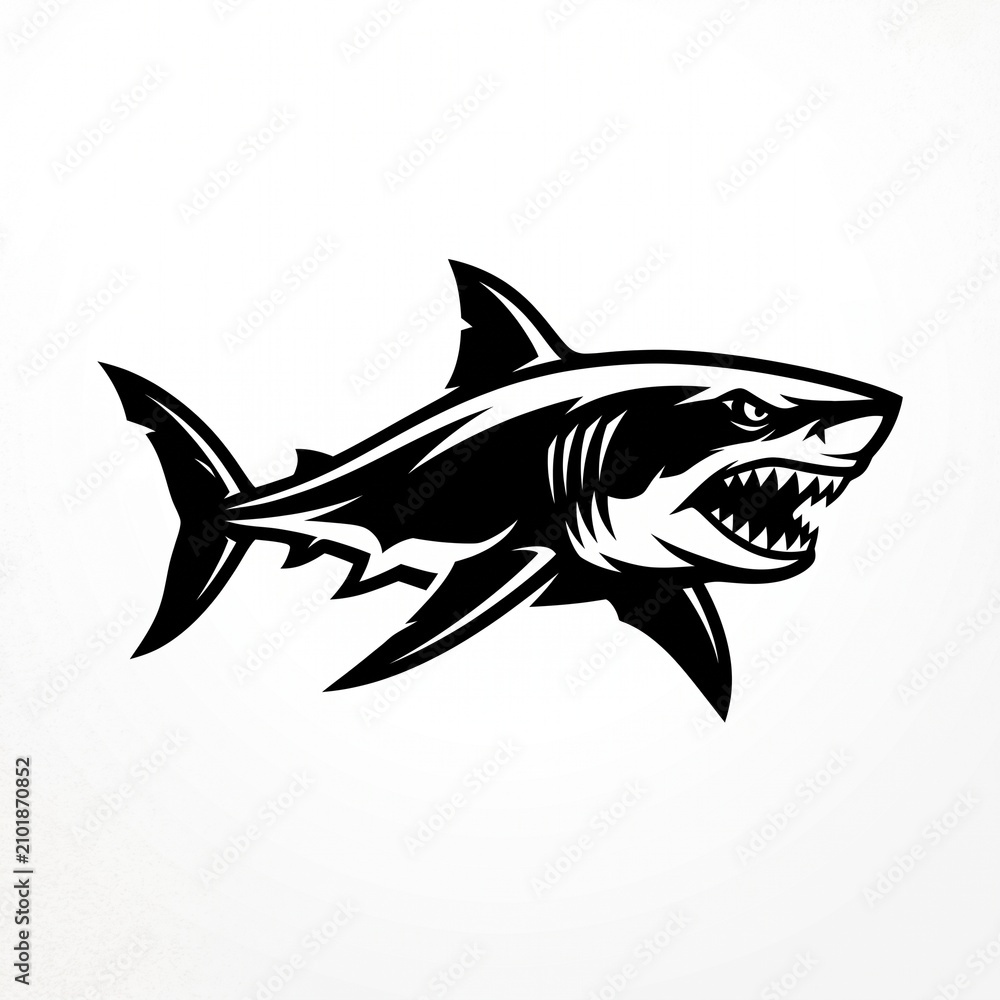 Naklejka premium Fierce shark illustration featuring sharp teeth and aggressive swimming posture