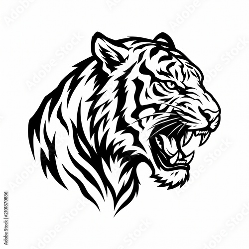 Bild auf Leinwand Fierce snarling tiger head illustration with bold black ink lines