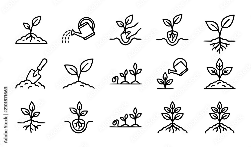 Fototapeta premium Growing plant linear icons set with editable stroke farming sprout in ground watering can and garden care website symbols vector