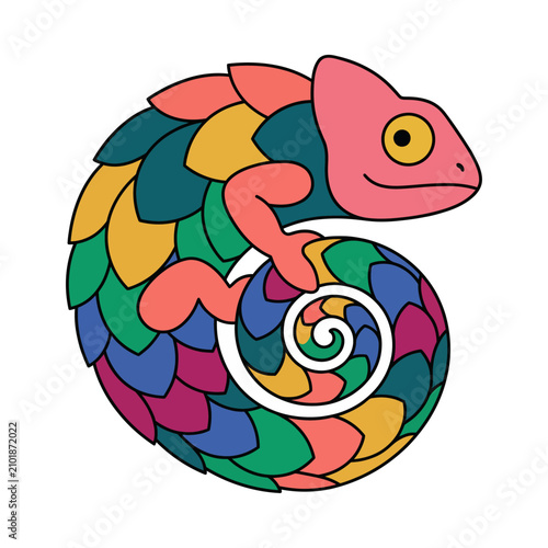 This artistic illustration depicts a colorful chameleon wrapped in vibrant patterns, symbolizing adaptability, transformation, and the beauty of diversity in nature.