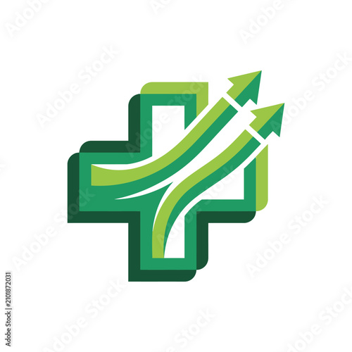 This image depicts a stylized green plus sign with upward arrows symbolizing health, growth, and a positive direction in life, promoting wellness and vitality in design.