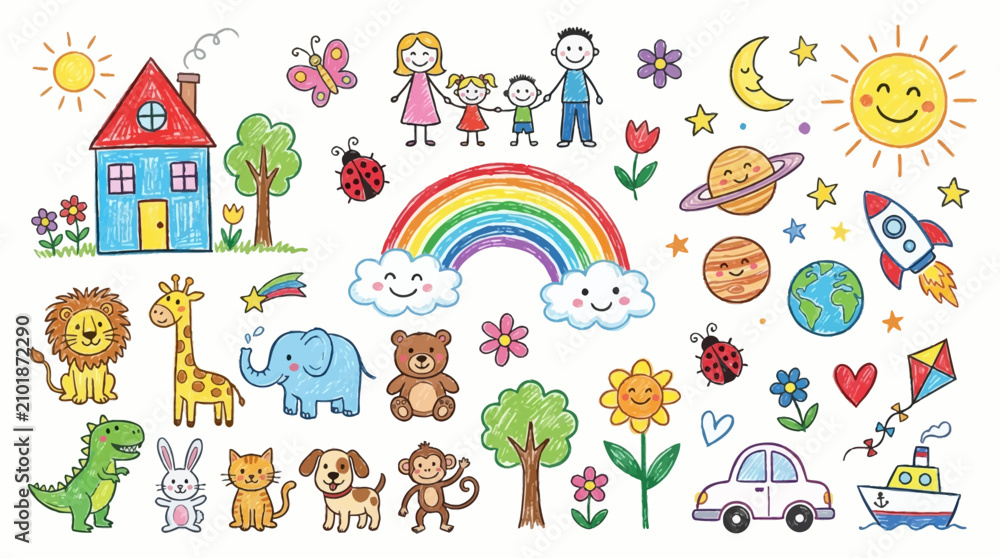 Naklejka premium Colorful Hand Drawn Doodle Set Featuring Cute Animals Planets And Happy Childhood Objects Elements