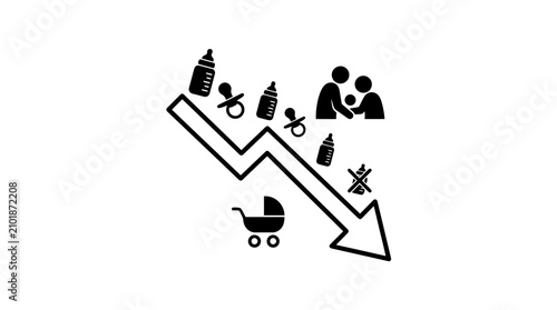 Quadro su tela Declining Birth Rate Concept - Falling Baby Icons and Stroller
