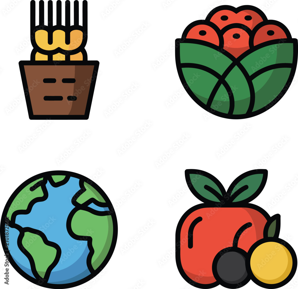 Fototapeta premium Vector illustration of organic produce and global food icons with vegetable