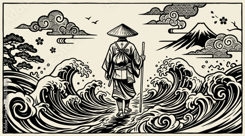 Canvastavla A solitary Japanese traveler walking with a staff and conical hat