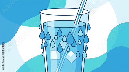Refreshing Glass of Ice Cold Water with Condensation Drops and Straw in a Stylized Abstract Blue Liquid Background Scene