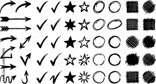 Fotografie Extensive collection of hand drawn doodle design elements arrows checks and shap