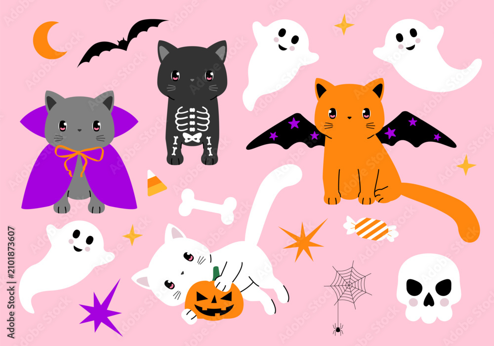 Fototapeta premium Cute collection of cats with halloween costumes. Kitten in halloween costumes