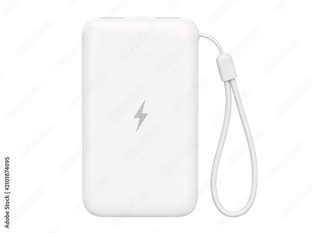 Fototapeta premium White portable power bank with wrist strap isolated on transparent background
