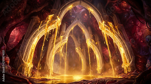 Enchanting scene of a hidden subterranean realm, where radiant molten gold cascades over ancient organic archways, illuminating a mysterious and powerful fantasy landscape
