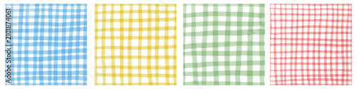 Hand-drawn watercolor gingham pattern set with blue, yellow, green, and red checkered grids. Cottagecore scrapbook swatches for DIY zine collage. Isolated PNG on transparent background.