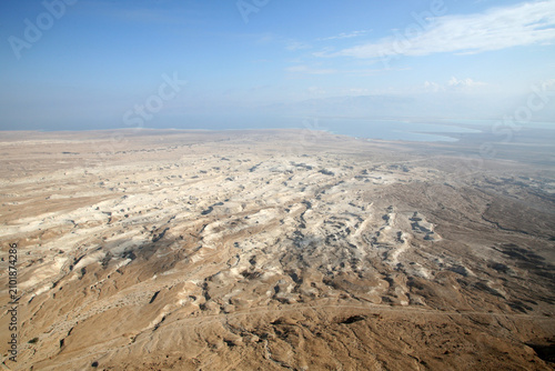 Waterless landscape of the Judea desert, view from Masada towards the Dead Sea, Israel