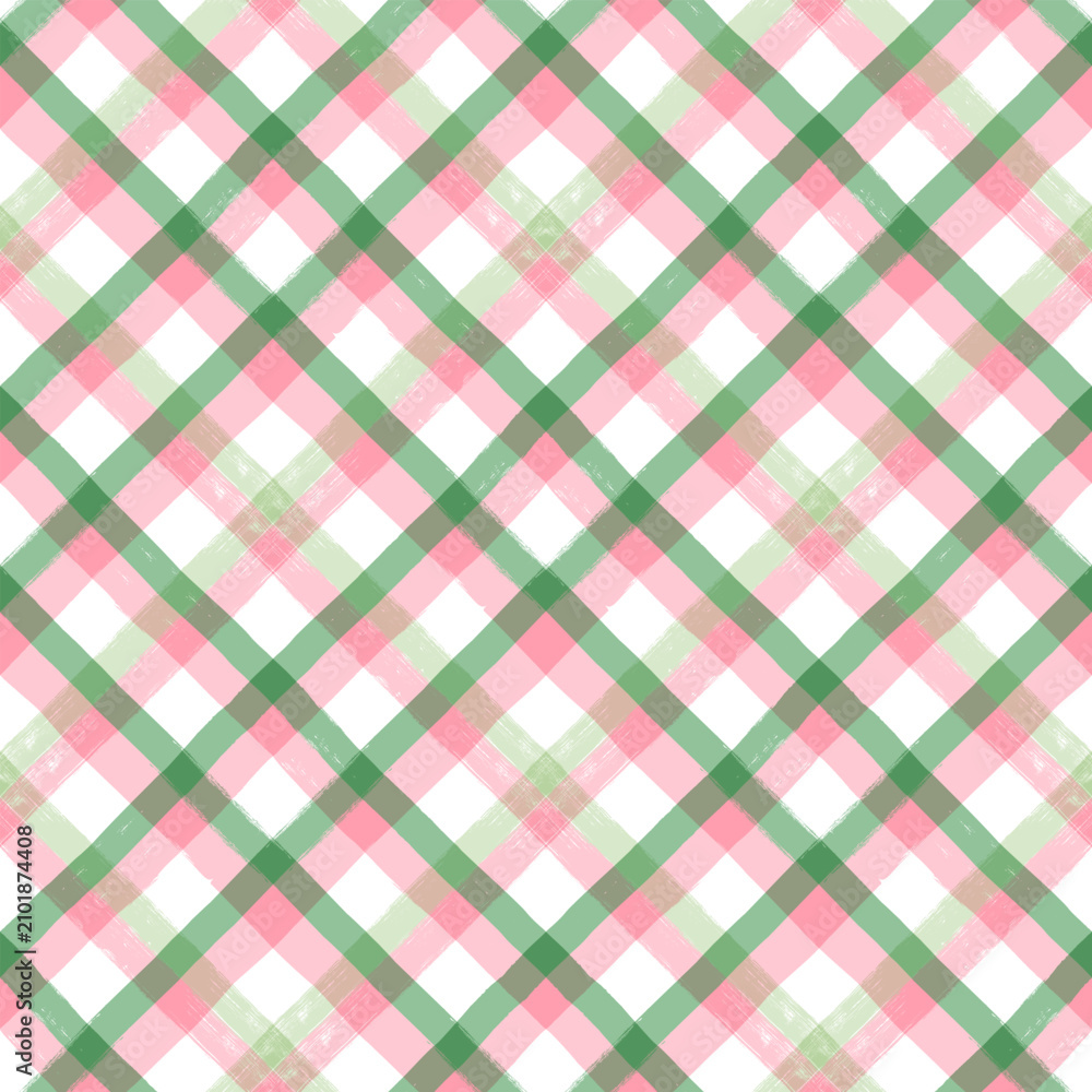 Fototapeta premium Watercolor plaid vector pattern, gingham pink and green diagonal lines print with brush paint texture