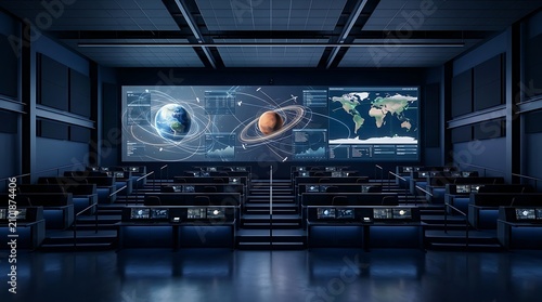 Control room with tiered workstations and a large panoramic display showing Earth, solar system data, satellite orbits, and a world map.