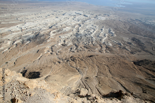 Waterless landscape of the Judea desert, view from Masada towards the Dead Sea, Israel
